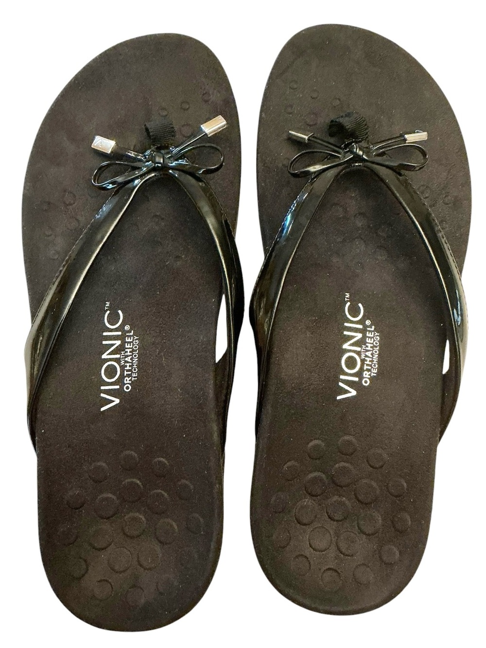 Vionic  Bella II Black Patent Bow Toe-Post Thong Slip on Ortho Sandal Sz-10 Wide - Picture 12 of 15